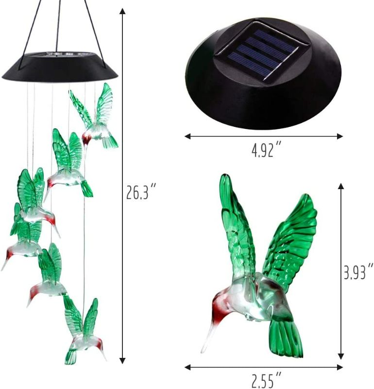 Photo 2 of MorTime LED Solar Hummingbird Wind Chime, 25" Mobile Hanging Wind Chime for Home Garden Decoration, Automatic Light Changing Color(Hummingbird) New