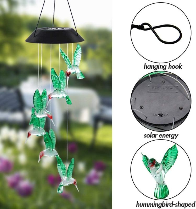 Photo 3 of MorTime LED Solar Hummingbird Wind Chime, 25" Mobile Hanging Wind Chime for Home Garden Decoration, Automatic Light Changing Color(Hummingbird) New