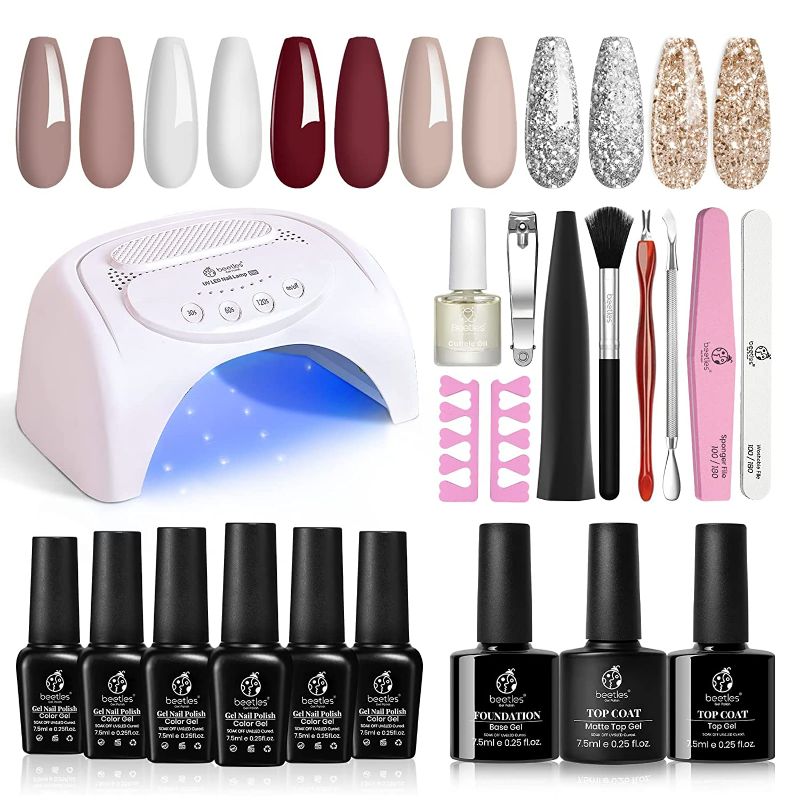 Photo 1 of Beetles 6 Pcs Burgundy Red Gel Nail Polish Starter Kit with 48W U V LED Light Base Gel Matte Top Coat Gel Nail Kit, Soak Off Nude Grays Gel Polish Christmas Decorations New Year‘s Nail Gifts for Women New