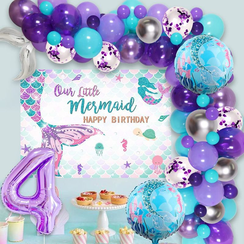 Photo 1 of Mermaid Party Decorations for Girls 4th Birthday Mermaid Tail Balloon Garland Kit Blue Purple Silver with Mermaid Backdrop, Number 4 Foil Balloon for Little Mermaid 4th Birthday Party Supplies New