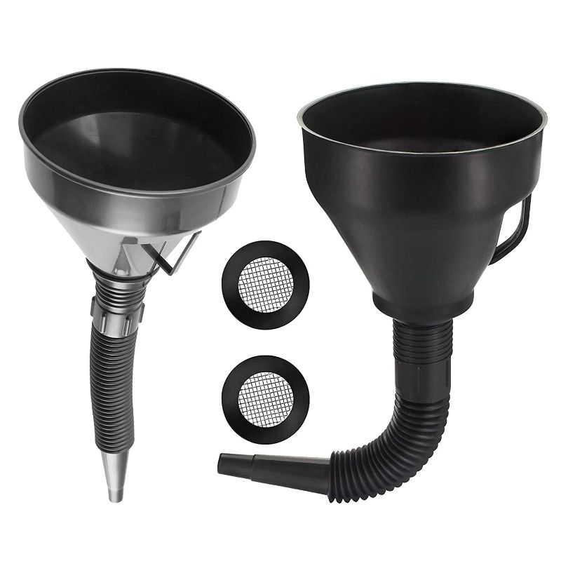 Photo 1 of 2pcs Funnel for Car,Plastic Large Funnels Wide Mouth with Strainer,Oil Funnel Automotive Flexible with Hose for Cars and Motorcycles, Engine Oil, Liquid, Diesel, Kerosene and Gasoline New
