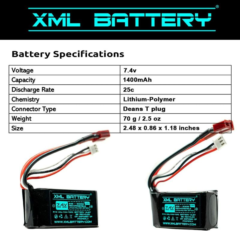 Photo 3 of (2 Pack) XML Battery 7.4v 1400mAh Li-po A959-B A969-B A979-B K929-B 2401 Wltoys for 1/18 RC Car Battery 12402 12403 12404 12423 12428 New