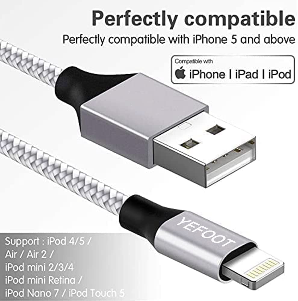 Photo 3 of [Apple MFi Certified] 5Pack(3/3/6/6/10FT) iPhone Charger Nylon Braided Fast Charging Lightning Cable Compatible iPhone 14Pro/14/13Pro/13/12Pro/12/11and More-Silver&White