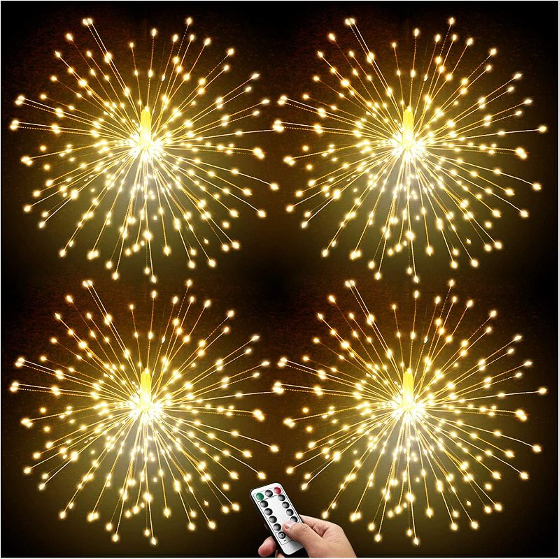 Photo 1 of DenicMic 4 Pack Firework Lights Led Copper Wire 8 Modes Battery Operated Hanging Ceiling Starburst Fairy Remote Control Star Sphere Lights Indoor for Bedroom Party Wedding Christmas Decor (Warm White) New