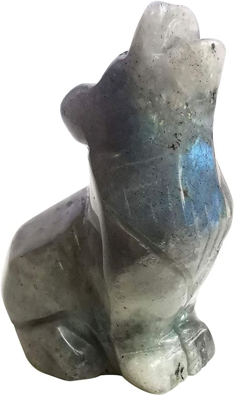 Photo 1 of Loveliome Natural Moonstone Wolf Crystal Figurine, Hand Carved Stone Animal Statues for Home Decor 2.5 Inches