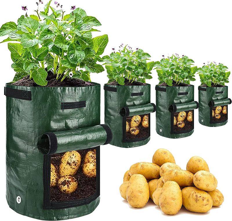 Photo 1 of JJGoo Potato Grow Bags, 4 Pack 10 Gallon Grow Bags with Flap and Handles Plant Container Planter Pot for Potato Tomato and Vegetables - Green new