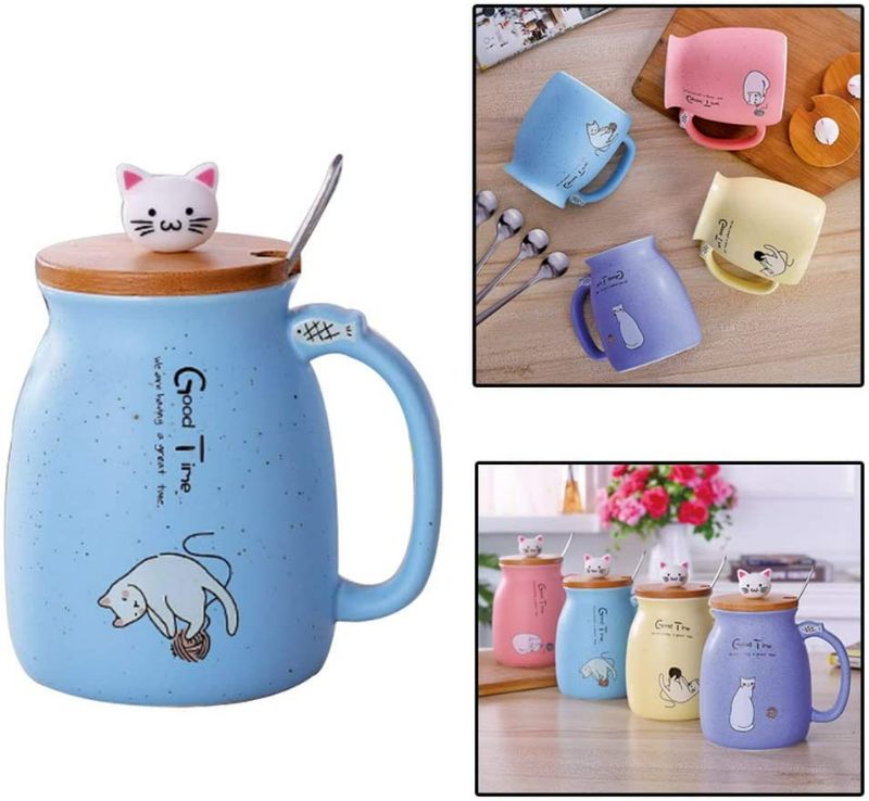 Photo 1 of Godagoda New Sesame cat Heat-Resistant Cup Color Cartoon with lid Cup Kitten Milk Coffee Ceramic Mug Children Cup Office Gifts 420ML