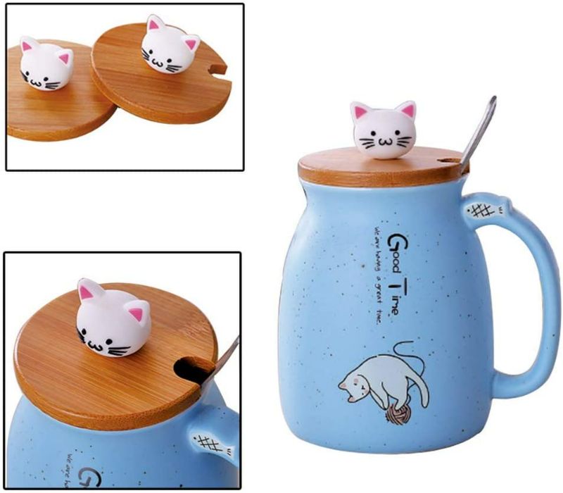 Photo 3 of Godagoda New Sesame cat Heat-Resistant Cup Color Cartoon with lid Cup Kitten Milk Coffee Ceramic Mug Children Cup Office Gifts 420ML