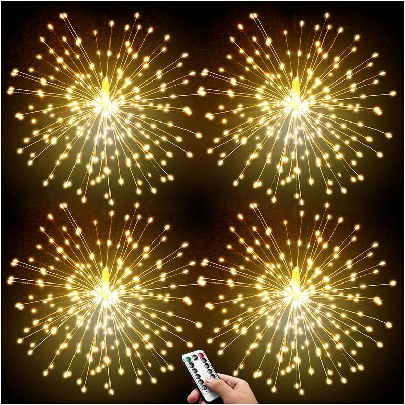 Photo 1 of DenicMic 4 Pack Firework Lights Led Copper Wire 8 Modes Battery Operated Hanging Ceiling Starburst Fairy Remote Control Star Sphere Lights Indoor for Bedroom Party Wedding Christmas Decor (Warm White) new