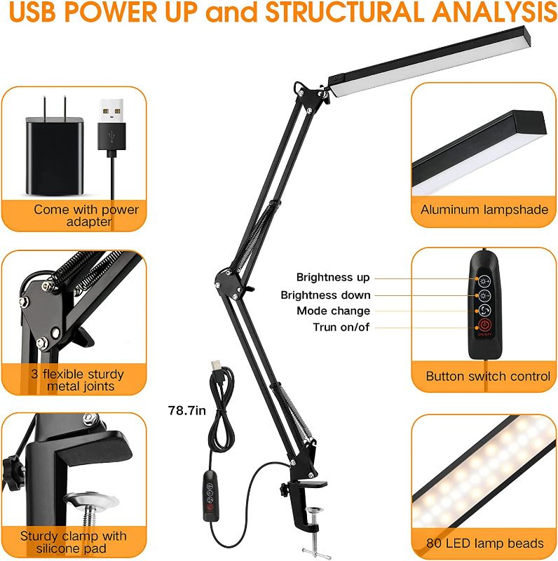 Photo 3 of ENOCH LED Desk Lamp, 14W Eye-Caring Metal Swing Arm Desk Lamp with Clamp, 3 Modes, 30 Brightness Dimmable Clamp Desk Light with Memory Function/USB Adapter, Architect Table Desk Lamps for Home Office New