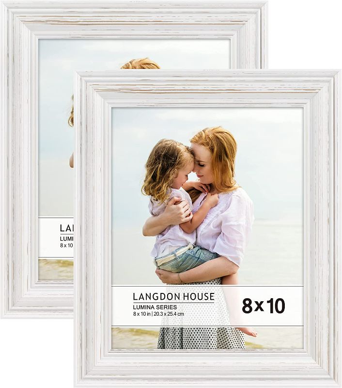 Photo 1 of Langdon House 8x10 Real Wood Picture Frames (Weathered White - Gold Accents, 2 Pack), French Country Style Wooden Photo Frame 8 x 10, Lumina Collection