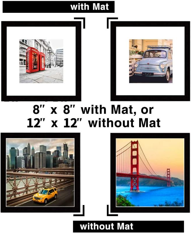 Photo 2 of SweeHome 12x12 Picture Frame Set of 4, Made of High Definition Glass for 8x8 with Mat or 12x12 Without Mat, Wall Mounting Photo Frame Black New