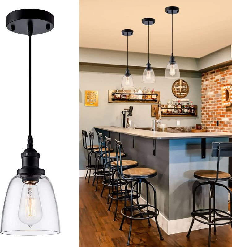 Photo 1 of IMPIOIO Industrial Pendant Light Fixture Over Sink Modern Clear Glass Hanging Lighting Adjustable Cord for Kitchen Island Dining Room, Black, 1 Pack New