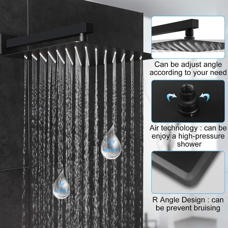 Photo 2 of SR SUN RISE 12 Inches Matte Black Shower System 12 Inch Brass Bathroom Luxury Rain Mixer Shower Combo Set Wall Mounted Rainfall Shower Head System Shower Faucet Rough-in Valve Body and Trim Included New