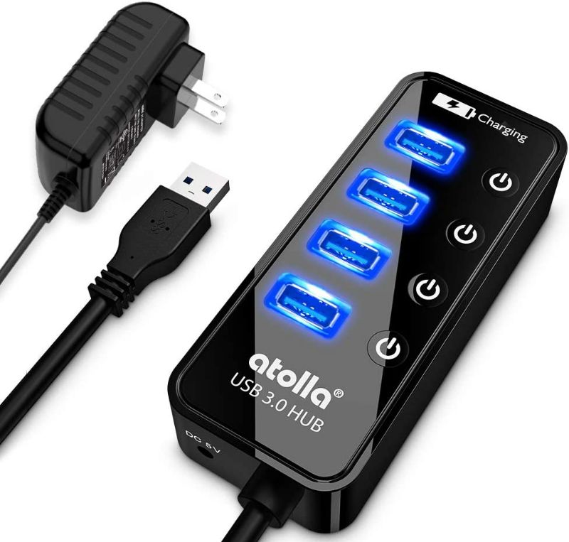 Photo 1 of Powered USB Hub, atolla 4-Port USB 3.0 Hub with 4 USB 3.0 Data Ports and 1 USB Smart Charging Port, USB Splitter with Individual On/Off Switches and 5V/3A Power Adapter