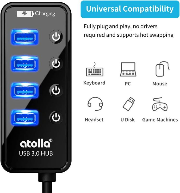 Photo 3 of Powered USB Hub, atolla 4-Port USB 3.0 Hub with 4 USB 3.0 Data Ports and 1 USB Smart Charging Port, USB Splitter with Individual On/Off Switches and 5V/3A Power Adapter