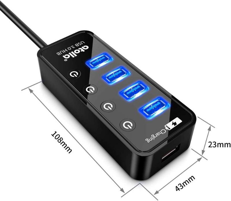 Photo 4 of Powered USB Hub, atolla 4-Port USB 3.0 Hub with 4 USB 3.0 Data Ports and 1 USB Smart Charging Port, USB Splitter with Individual On/Off Switches and 5V/3A Power Adapter
