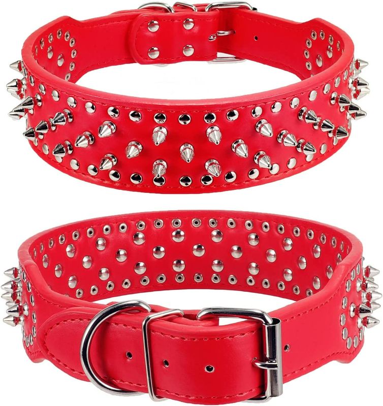 Photo 1 of Hoot PU Leather Adjustable Spiked Studded Dog Collar 2" Wide 31 Spikes (XS(Neck 15"-18"), Red)