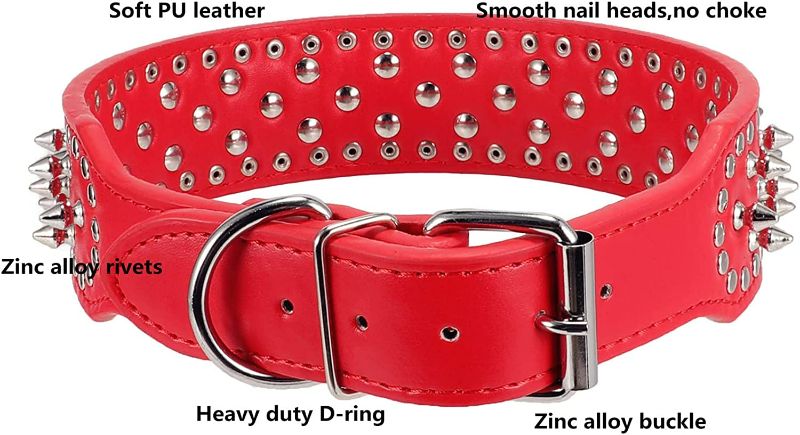 Photo 2 of Hoot PU Leather Adjustable Spiked Studded Dog Collar 2" Wide 31 Spikes (XS(Neck 15"-18"), Red)