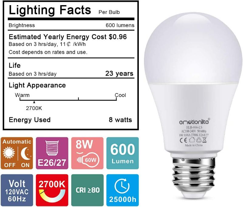 Photo 3 of Emotionlite LED Sensor Light Bulbs, Dusk to Dawn Sensor, Warm White LED Bulb, 80 Watt Equivalent, Automatic On/Off, Garage, Hallway, Basement, A19 Size, 10W, E26 Medium Base, 2 Pack