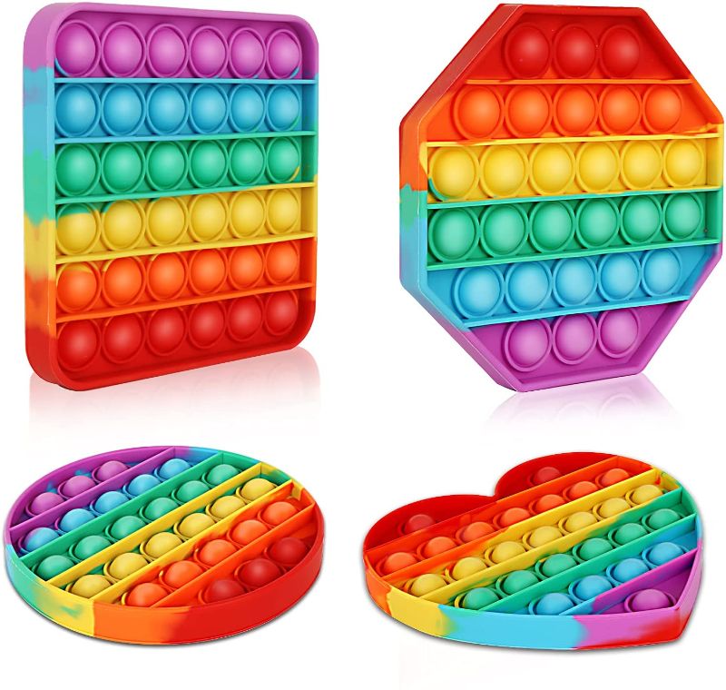 Photo 1 of 4 Pack Rainbow Pop Fidget Toy, Push Bubble Sensory Toys Stress Reliever for Kids and Adults, 4 Shapes Sensory Fidget Poppers – Circle, Square, Octagon, Heart
