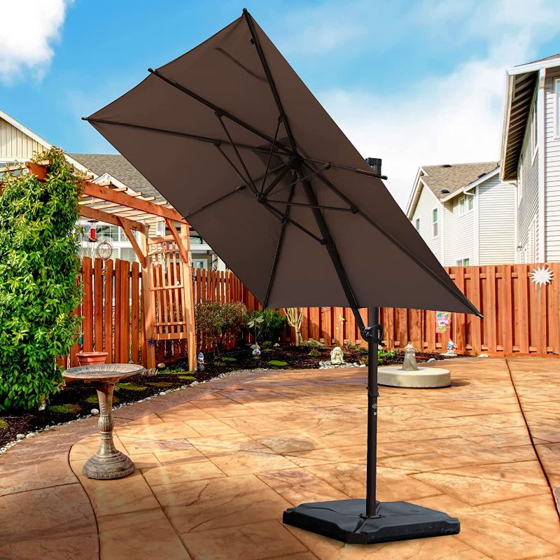 Photo 1 of Abba Patio 8 x 10ft Offset Patio Umbrella Rectangular Cantilever Outdoor Hanging Crank & Easy Tilt & Cross Base for Garden, Deck, Backyard, Cocoa
