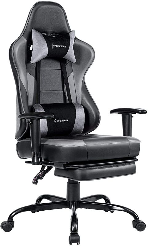 Photo 1 of VON RACER Massage Gaming Chair - High Back Racing PC Computer Desk Office Chair Swivel Ergonomic Executive Leather Chair with Footrest and Adjustable Armrests, Gray/Black

