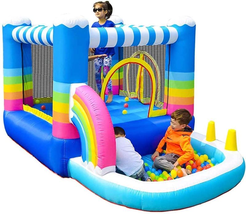 Photo 1 of MEIOUKA Kids Inflatable Bounce Houses Jumper with 350W Blower Small Ball Pit Water Pool Rainbow Blow up Small Inflatable Bounce House for Kids Toddlers Indoor Outdoor Jumping Bouncer Party Yard Toys
