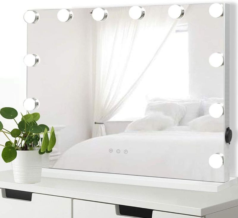 Photo 1 of iCREAT Makeup Mirror with Lights, Hollywood Vanity Mirror, 3 Color Modes Cosmetic Mirror, Frameless Tabletop Mirror with Smart Touch Control, 12 Dimmable Bulbs, USB Outlet, Off-White
