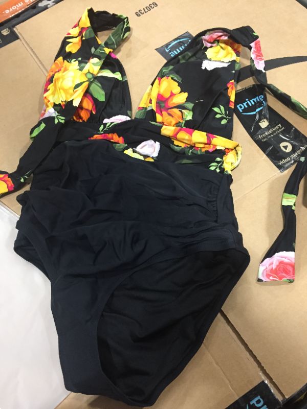 Photo 2 of CUPSHE Floral And Black Plunge Halter One Piece Swimsuit, SIZE L