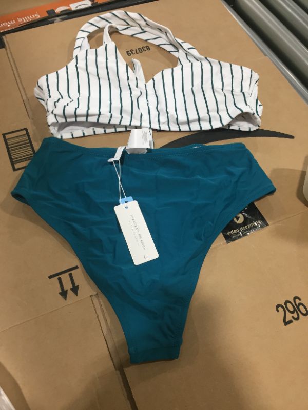 Photo 2 of CUPSHE Teal Solid And Striped High Waisted Bikini, SIZE L