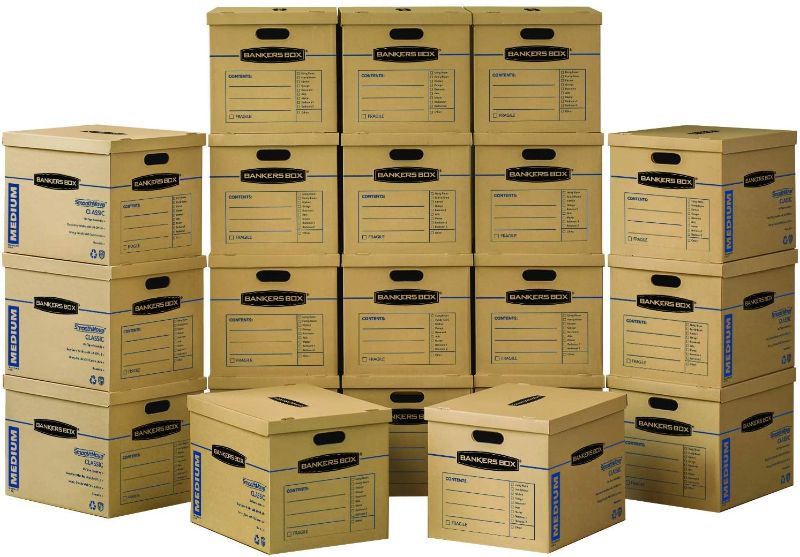 Photo 1 of Bankers Box SmoothMove Classic Moving Boxes, Tape-Free Assembly, Easy Carry Handles, Medium, 18 x 15 x 14 Inches, 20 Pack (8817202)
