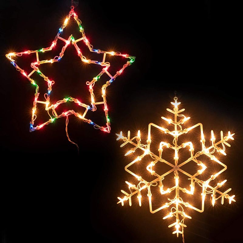 Photo 1 of 16 Inch Christmas Window Silhouette Lights Decorations Pack of 2 Lighted Snowflake and Star Christmas Window Lights with 100 Bulbs for Holiday Indoor Wall Door Glass Decorations
