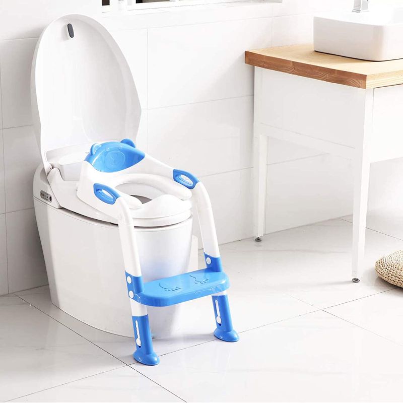 Photo 1 of Potty Training Seat with Step Stool Ladder,SKYROKU Potty Training Toilet for Kids Boys Girls Toddlers-Comfortable Safe Potty Seat with Anti-Slip Pads Ladder (Navy Blue)