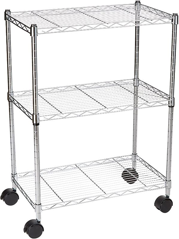 Photo 1 of Amazon Basics 3-Shelf Heavy Duty Shelving Storage Unit on 2" Wheel Casters, Metal Organizer Wire Rack, 23.2"L x 13.4"W x 32.75"H - Chrome