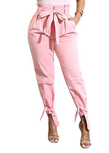 Photo 1 of Yissang Women's Casual Loose Paper Bag Waist Long Pants Trousers with Bow Tie Belt Pockets