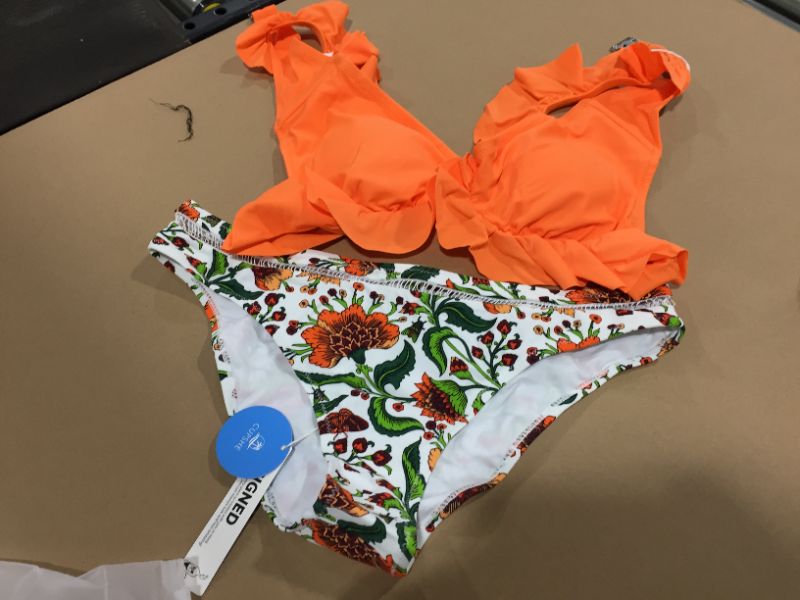 Photo 2 of CUPSHE Orange Ruffle Bikini With Floral Bottom, SIZE L