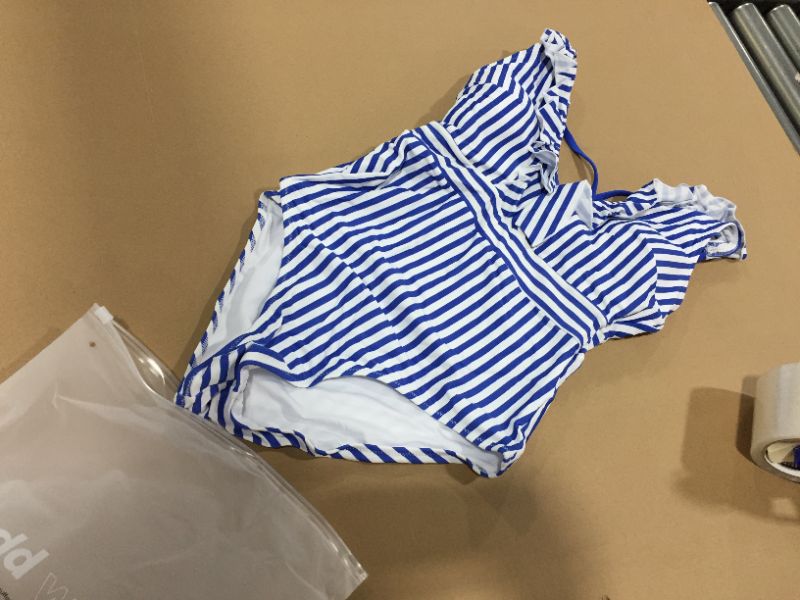 Photo 2 of CUPSHE Blue And White Stripe Ruffle One Piece Swimsuit, SIZE M