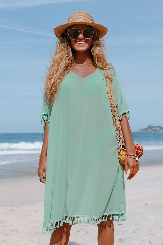 Photo 1 of CUPSHE Tinsley Light Green V-neck Tassel Split Cover Up, SIZE M