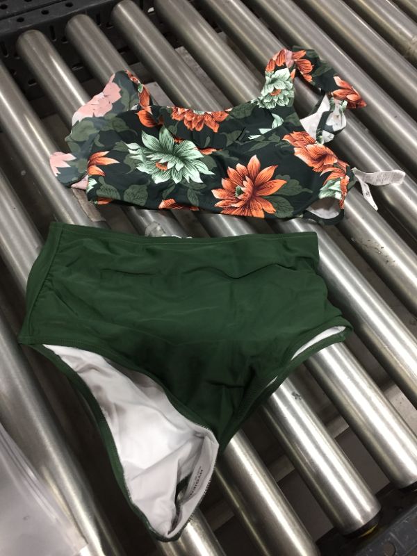 Photo 2 of CUPSHE Dark Green Floral One Shoulder Ruffle High Waisted Bikini, SIZE M