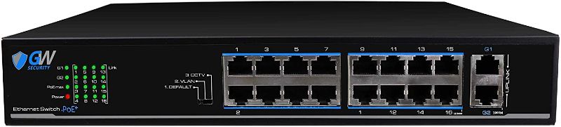 Photo 1 of GW Security GWSW1602G 10/100Mbps Desktop/Rackmount 16 Port PoE Switch, Max 30W each POE port, 2 Uplink ports and 2 Gigabit Fiber Optical SFP ports, Up to 820FT Transmission Distance
