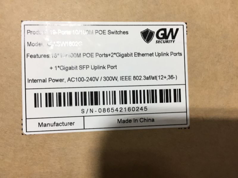 Photo 1 of GW Security GWSW1602G 10/100Mbps Desktop/Rackmount 16 Port PoE Switch, Max 30W each POE port, 2 Uplink ports and 2 Gigabit Fiber Optical SFP ports, Up to 820FT Transmission Distance
