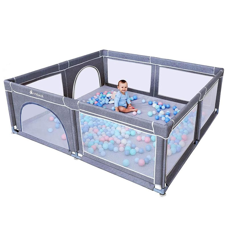 Photo 1 of TODALE Baby Playpen for Toddler, Extra Large Baby Playard, Infant Safety Activity Center, Sturdy Babies Playpen with Anti-Slip Suckers,Tear-Resistant Material &Breathable Mesh (Grey 70”×59”)
