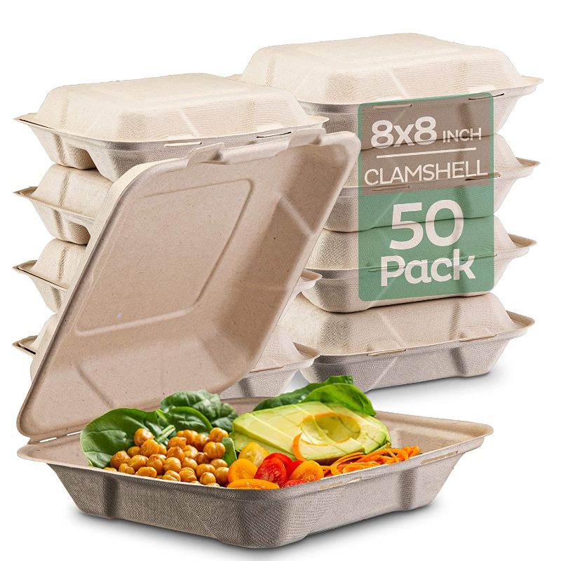 Photo 1 of 100% Compostable Clamshell Take Out Food Containers [8X8" 50-Pack] Heavy-Duty Quality to go Containers, Natural Disposable Bagasse, Eco-Friendly Biodegradable Made of Sugar Cane Fibers
