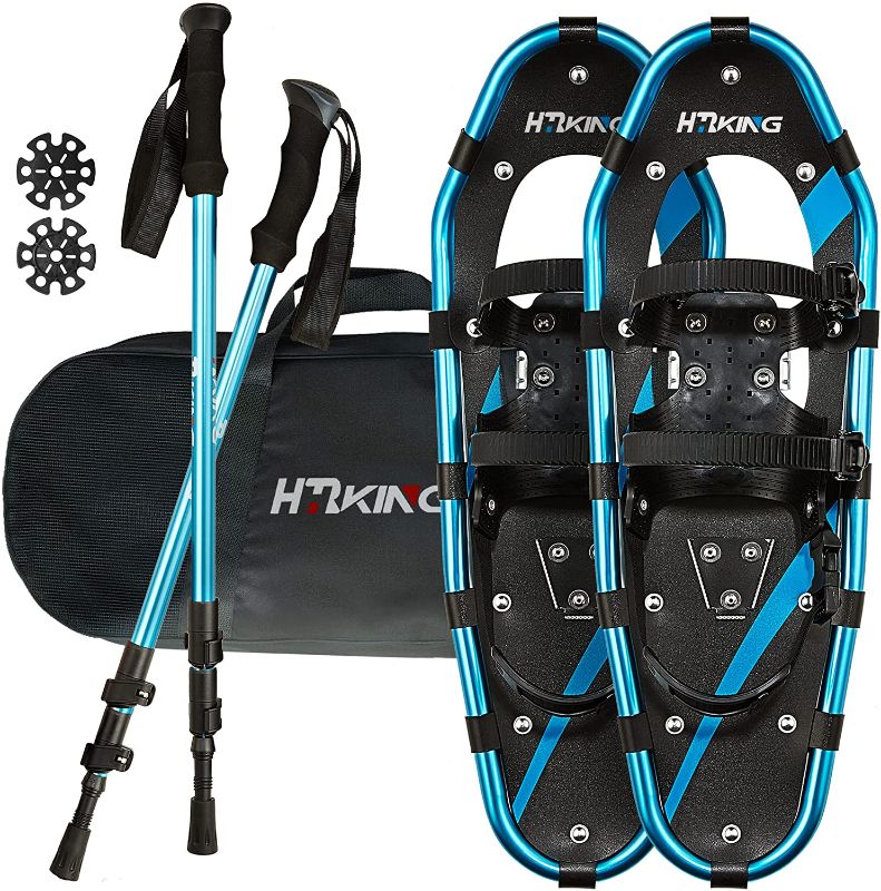 Photo 1 of HRKING Lightweight Terrain Showshoes Set for Women Men and Kids, with Trekking Poles and Carrying Tote Bag 14 INCHES, BLUE