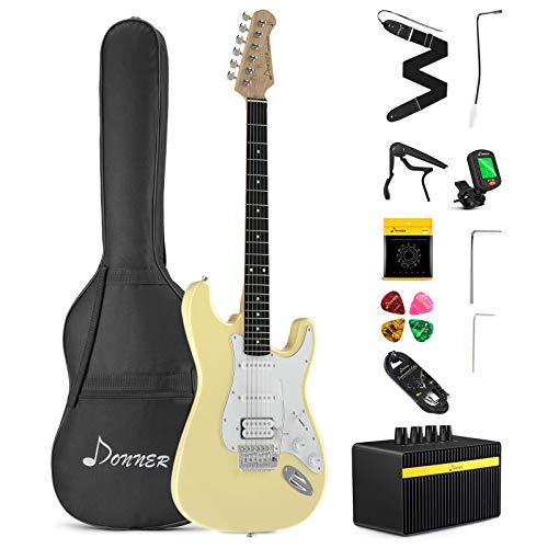 Photo 1 of Donner DST-102W 39 Inch Electric Guitar Beginner Kit Solid Body Full Size Yellow HSS Pick Up for Starter, with Amplifier, Bag, Digital Tuner, Capo, Strap, String,Cable, Picks
