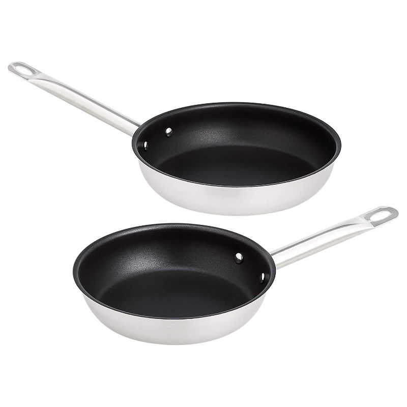 Photo 1 of AmazonCommercial 2-Piece Non-Stick Stainless Steel Aluminum-Clad with Non-Stick Coating Fry Pan Set with 8" and 9 1/2" Pan