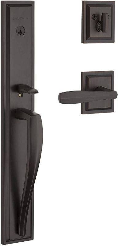 Photo 1 of Baldwin Torrey Pines Single Cylinder Front Door Handleset Featuring SmartKey Security in Venetian Bronze, Prestige Series with a Modern Contemporary Slim Door Handleset and Square Lever