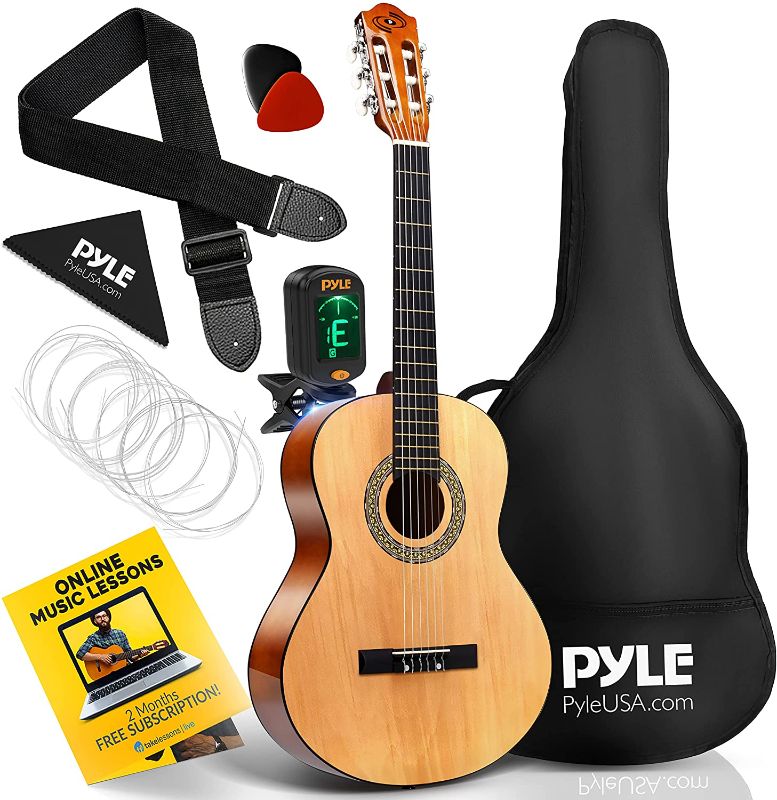 Photo 1 of Pyle 36” Classical Acoustic Guitar-3/4 Junior Size 6 Linden Wood Guitar w/Gig Bag, Tuner, Nylon Strings, Picks, Strap, for Beginners, Adults, Right, Natural (PGACLS82)
