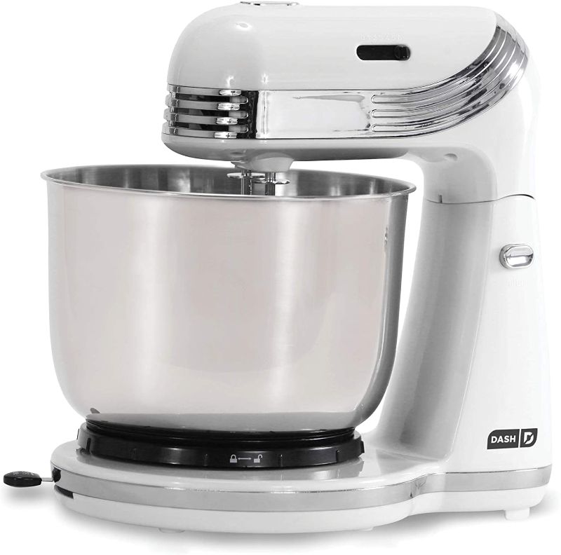 Photo 1 of Dash Stand Mixer (Electric Mixer for Everyday Use): 6 Speed Stand Mixer with 3 qt Stainless Steel Mixing Bowl, Dough Hooks & Mixer Beaters for Frosting, Meringues & More - White
